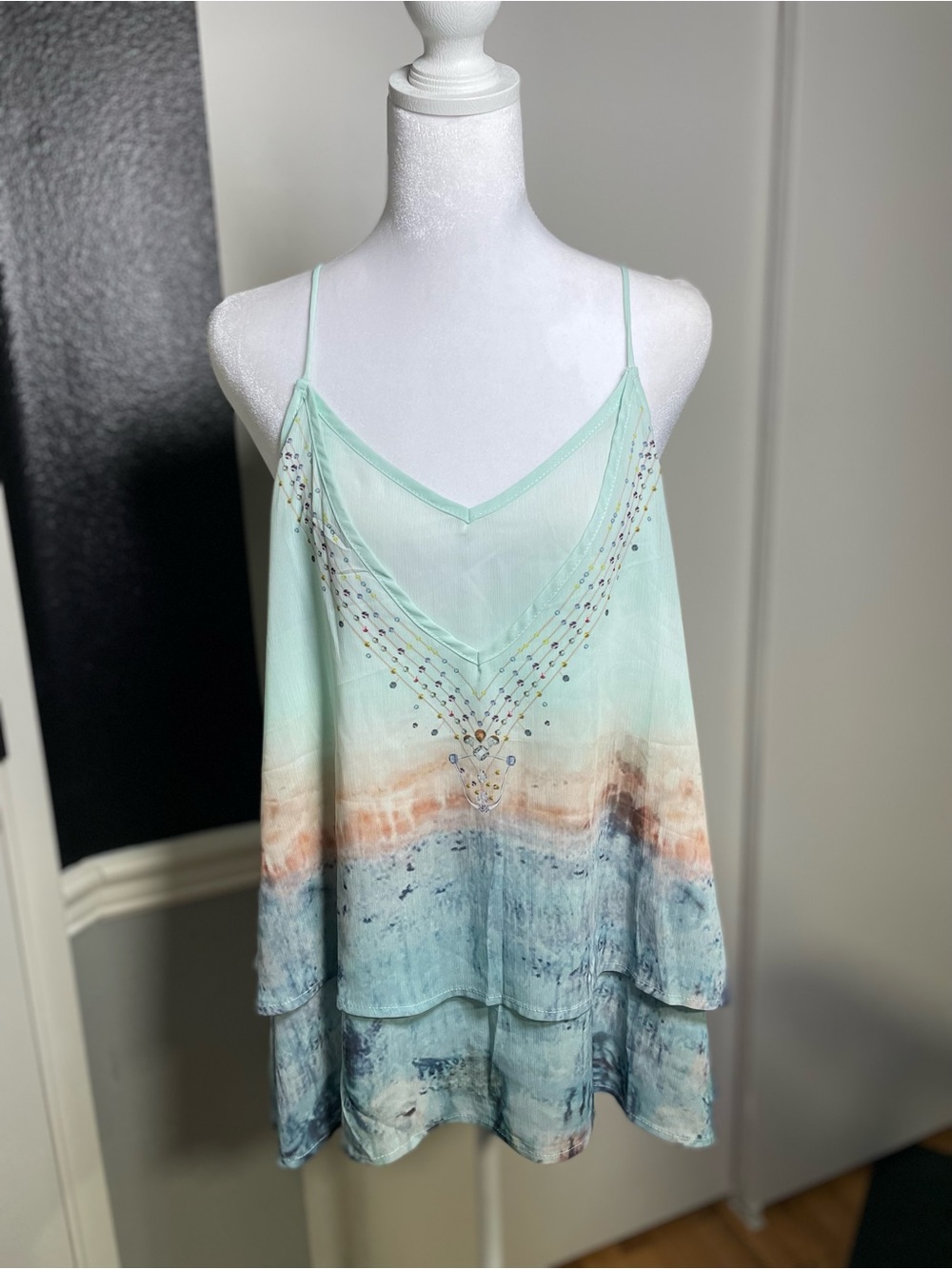 Layered Mint Tie-Dye Camisole with Embellished V-Neck